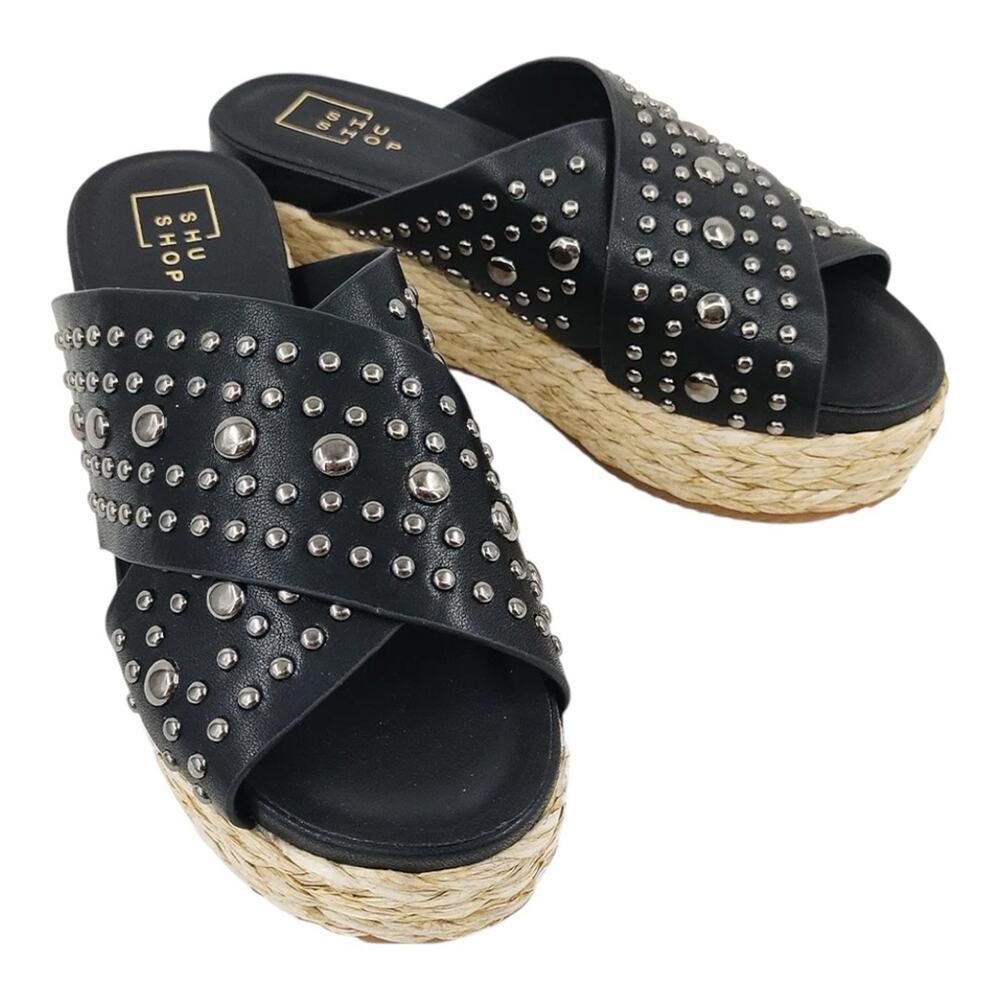 ShuShop Black Studded Platform Espadrille Slide Sandal “KAIA” Women’s Size 11